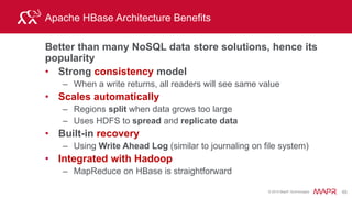 © 2015 MapR Technologies 72
Agenda
• Why do we need NoSQL / HBase?
• Overview of HBase & HBase data model
• HBase Architecture and data flow
• Demo/Lab using HBase Shell
– Create tables and CRUD operations using MapR Sandbox
• Design considerations when migrating from RDBMS to HBase
• HBase Java API to perform CRUD operations
– Demo / Lab using Eclipse, HBase Java API & MapR Sandbox
• How to work around transactions
 