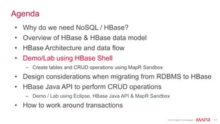 © 2015 MapR Technologies 83
Hot-Spotting Summary
• Caused by row keys that are written in sequential order
– Ex: row keys written in order, 0000, 0001, 0002, 0003…
• All writes go to only one server at a time
– Bottlenecks write performance
• Results in Inefficient splitting
– Regions fill to half the maximum, but never more.
 