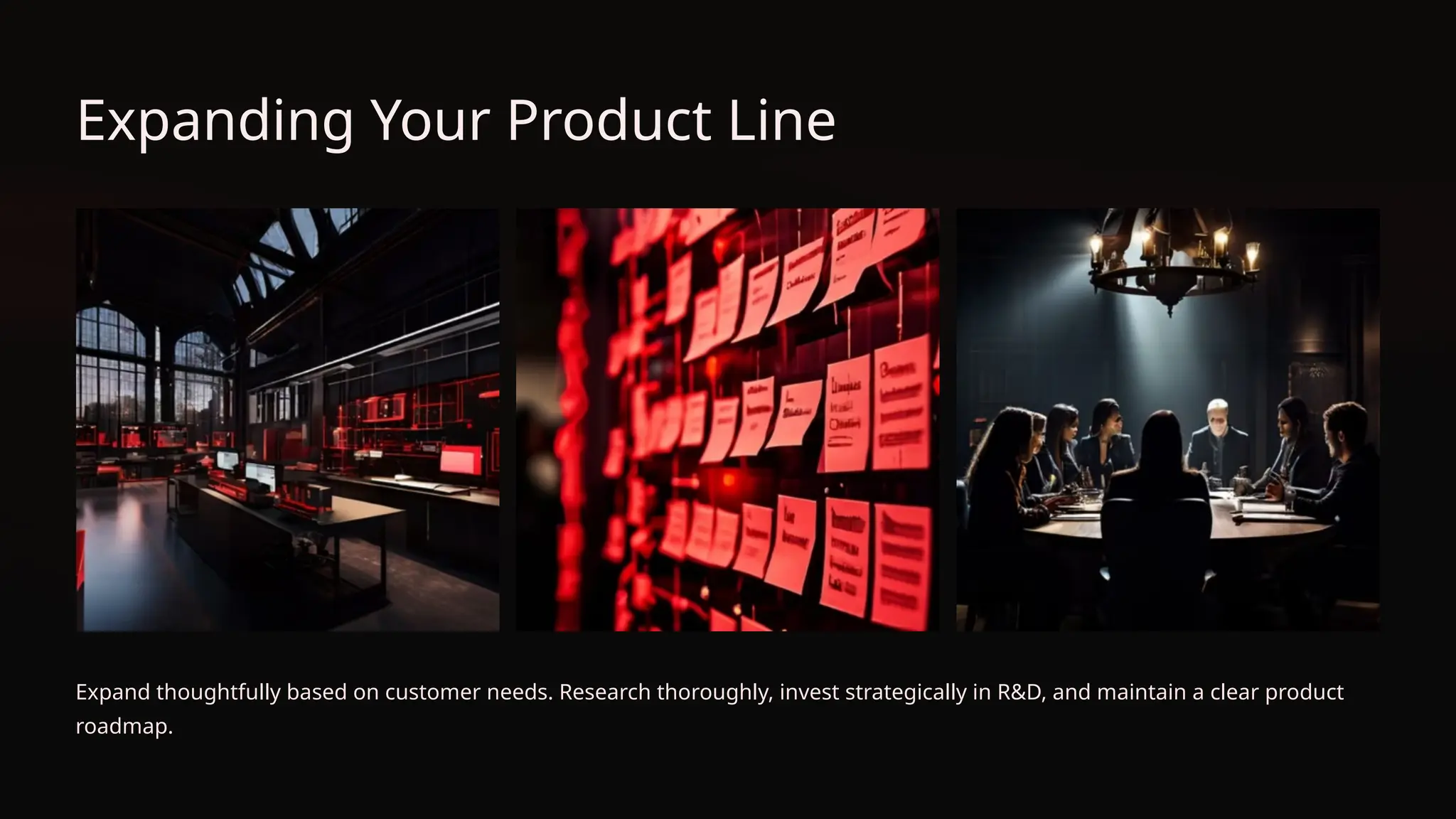 Expanding Your Product Line
Expand thoughtfully based on customer needs. Research thoroughly, invest strategically in R&D, and maintain a clear product
roadmap.
 