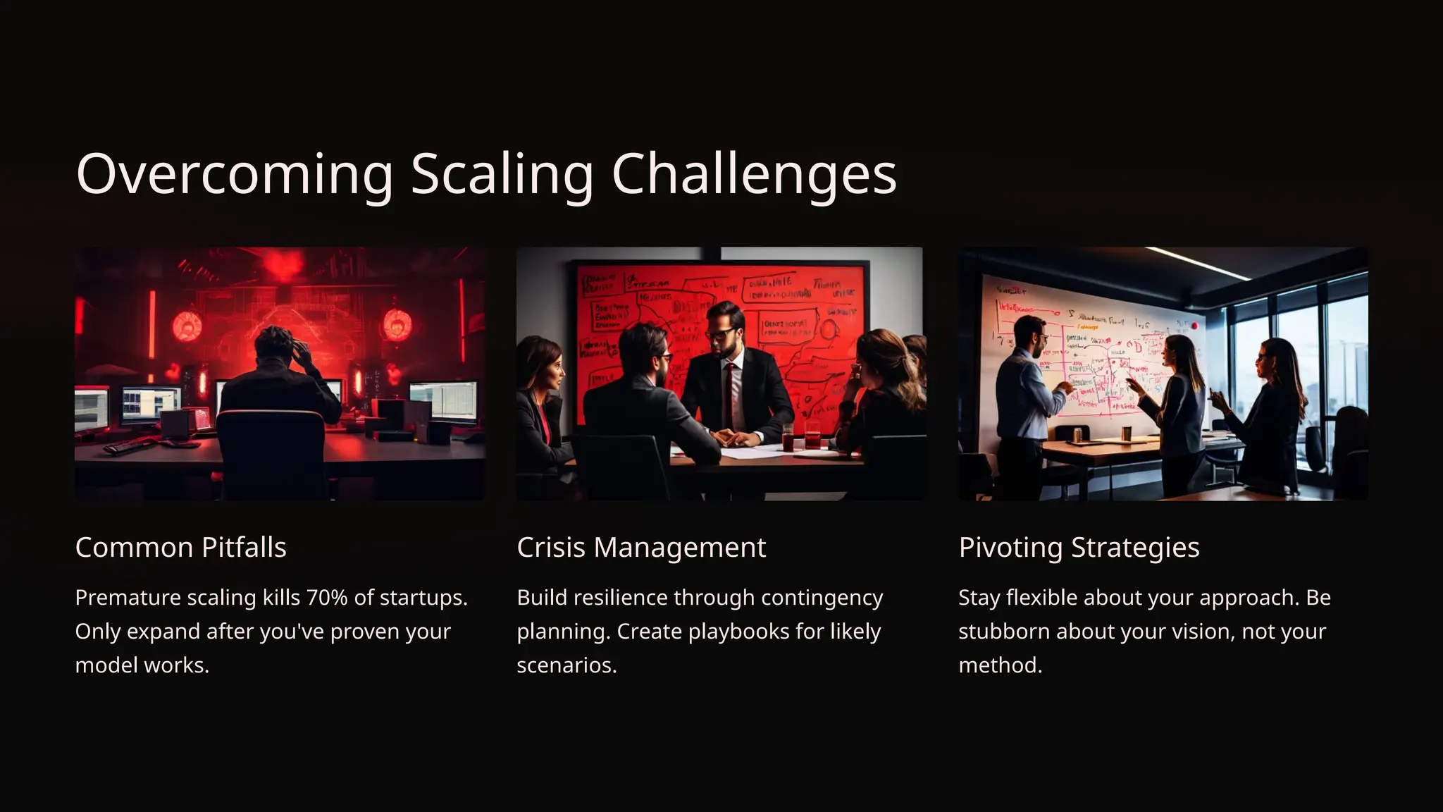 Overcoming Scaling Challenges
Common Pitfalls
Premature scaling kills 70% of startups.
Only expand after you've proven your
model works.
Crisis Management
Build resilience through contingency
planning. Create playbooks for likely
scenarios.
Pivoting Strategies
Stay flexible about your approach. Be
stubborn about your vision, not your
method.
 