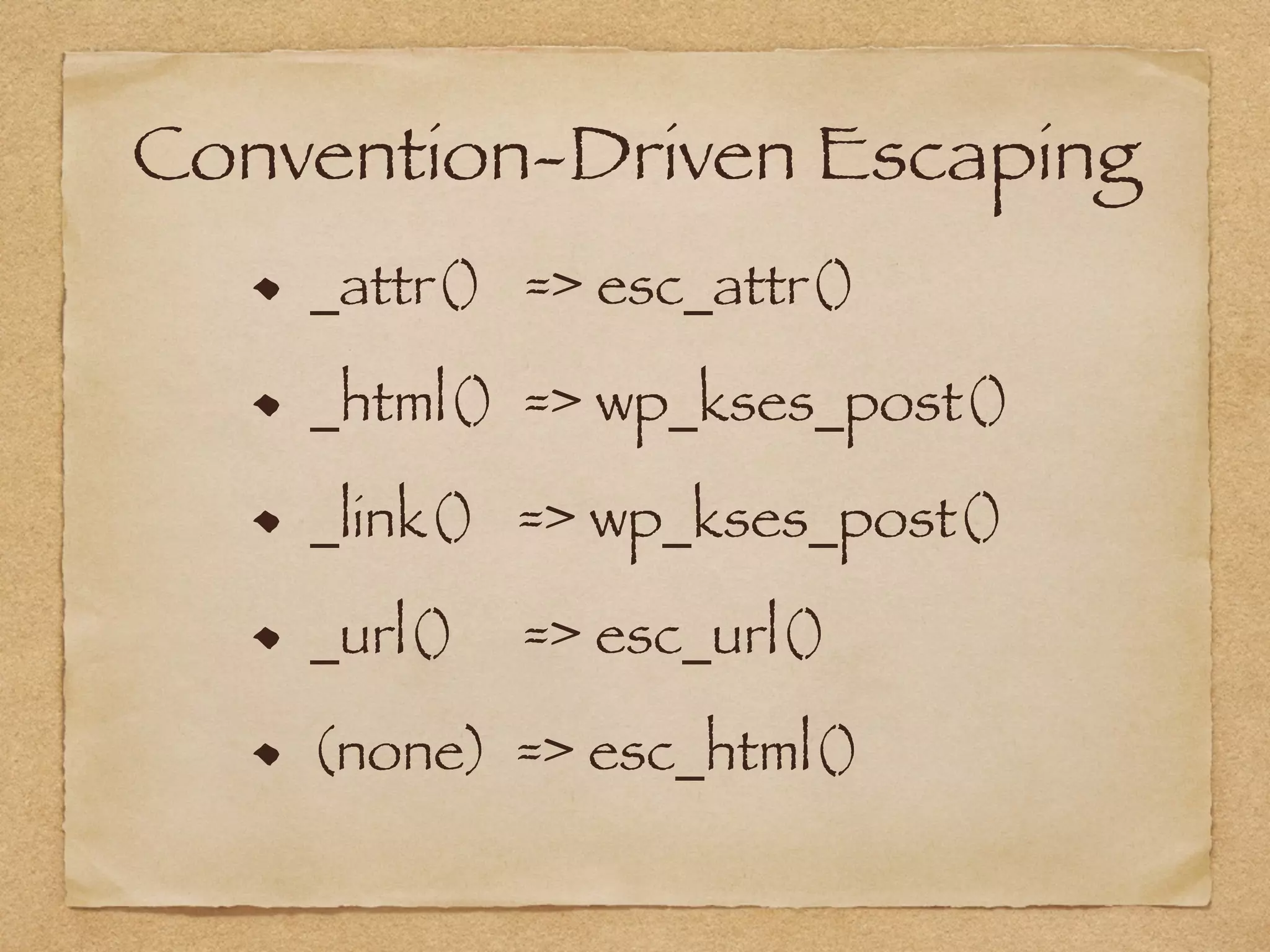 Convention-Driven Escaping
	 _attr() => esc_attr()
	 _html() => wp_kses_post()
	 _link() => wp_kses_post()
	 _url() => esc_url()
	 (none) => esc_html()
 