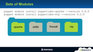16
puppet module install puppetlabs-ntp --version 0.2.0
puppet module install puppetlabs-apache --version 0.6.0
firewall ntpstdlibapache
Sets of Modules
 