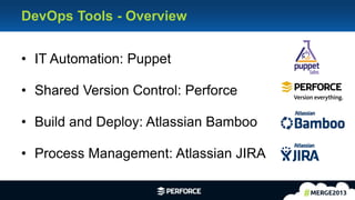 6
• IT Automation: Puppet
• Shared Version Control: Perforce
• Build and Deploy: Atlassian Bamboo
• Process Management: Atlassian JIRA
DevOps Tools - Overview
 
