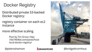 @pietroshannon @bridgetkromhout
Distributed private S3-backed
Docker registry:
registry container on each ec2
instance
more effective scaling
Docker Registry
Post by Tim Gross: http:
//0x74696d.com/posts/host-
local-docker-registry/
 
