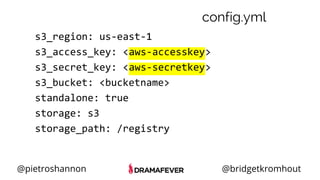 @pietroshannon @bridgetkromhout
config.yml
s3_region: us-east-1
s3_access_key: <aws-accesskey>
s3_secret_key: <aws-secretkey>
s3_bucket: <bucketname>
standalone: true
storage: s3
storage_path: /registry
 