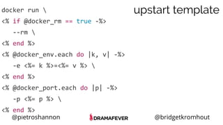 @pietroshannon @bridgetkromhout
docker run 
<% if @docker_rm == true -%>
--rm 
<% end %>
<% @docker_env.each do |k, v| -%>
-e <%= k %>=<%= v %> 
<% end %>
<% @docker_port.each do |p| -%>
-p <%= p %> 
<% end %>
upstart template
 