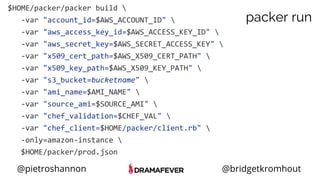@pietroshannon @bridgetkromhout
packer run
$HOME/packer/packer build 
-var "account_id=$AWS_ACCOUNT_ID" 
-var "aws_access_key_id=$AWS_ACCESS_KEY_ID" 
-var "aws_secret_key=$AWS_SECRET_ACCESS_KEY" 
-var "x509_cert_path=$AWS_X509_CERT_PATH" 
-var "x509_key_path=$AWS_X509_KEY_PATH" 
-var "s3_bucket=bucketname" 
-var "ami_name=$AMI_NAME" 
-var "source_ami=$SOURCE_AMI" 
-var "chef_validation=$CHEF_VAL" 
-var "chef_client=$HOME/packer/client.rb" 
-only=amazon-instance 
$HOME/packer/prod.json
 