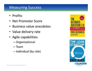 Measuring Success
       •       Profits
       •       Net Promoter Score
       •       Business value anecdotes
       •       Value delivery rate
       •       Agile capabilities
                  – Organizational
                  – Team
                  – Individual (by role)



© 2012-2013 Eliassen Group. All Rights Reserved -32-
 