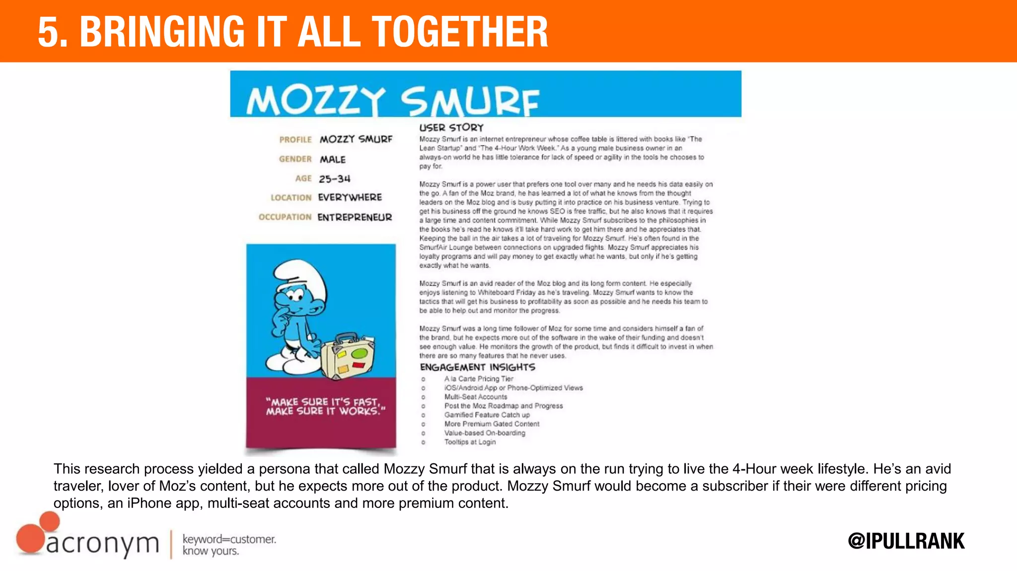 This research process yielded a persona that called Mozzy Smurf that is always on the run trying to live the 4-Hour week
lifestyle. He’s an avid traveler, lover of Moz’s content, but he expects more out of the product. Mozzy Smurf would become
a subscriber if their were different pricing options, an iPhone app, multi-seat accounts and more premium content.
 