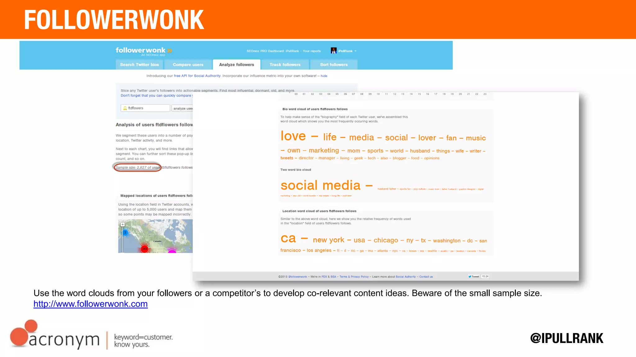 Use the word clouds from your followers or a competitor’s to develop co-relevant content ideas. Beware
of the small sample size. http://www.followerwonk.com
 