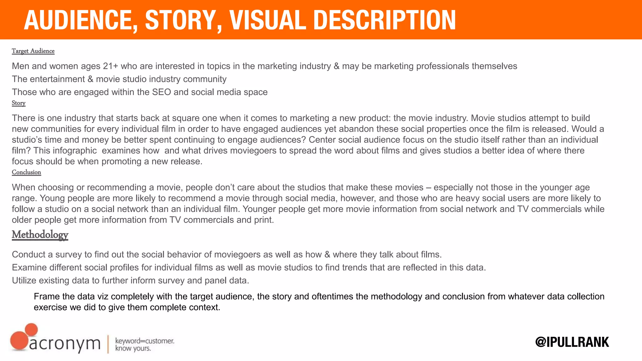 Audience
Wireframe
Data Look & Feel
CopyStory / Background
 