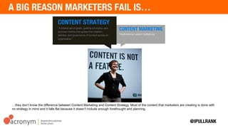 …they don’t know the difference between Content Marketing and Content Strategy. Most of the content that marketers are
creating is done with no strategy in mind and it falls flat because it doesn’t include enough forethought and planning.
CONTENT STRATEGY
“A shared set of goals, guiding principles, and
success metrics that guides the creation,
delivery, and governance of content across an
organization.”
CONTENT MARKETING
“Multichannel custom publishing.”
 