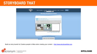 Build out story boards for Creative people to follow when creating your content -
http://www.storyboardthat.com
 