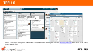 Trello is a free project management software that is perfect for content planning and execution
http://www.trello.com It also allows you to build a content calendar view.
 