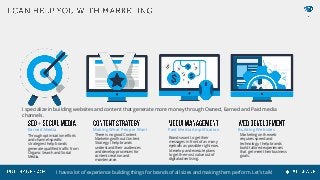 I have a lot of experience building things for brands of all sizes and making them perform. Let’s talk!
Through optimization efforts
and channel-specific
strategies I help brands
generate qualified traffic from
Organic Search and Social
Media.
There is no good Content
Marketing without Content
Strategy. I help brands
understand their audiences
and develop processes for
content creation and
maintenance.
Brands want to get their
messages in front of as many
eyeballs as possible right now.
I develop and execute plans
to get the most value out of
digital advertising.
Marketing on the web
requires speed and
technology. I help brands
build tailored experiences
that get meet their business
goals.
Earned Media Making What People Want Paid Media Amplification Building Websites
I specialize in building websites and content that generate more money through Owned, Earned and Paid media
channels.
 