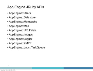 App Engine JRuby APIs
            • AppEngine::Users
            • AppEngine::Datastore
            • AppEngine::Memcache
            • AppEngine::Mail
            • AppEngine::URLFetch
            • AppEngine::Images
            • AppEngine::Logger
            • AppEngine::XMPP
            • AppEngine::Labs::TaskQueue




             14



Saturday, November 21, 2009
 
