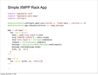Simple XMPP Rack App




             15



Saturday, November 21, 2009
 