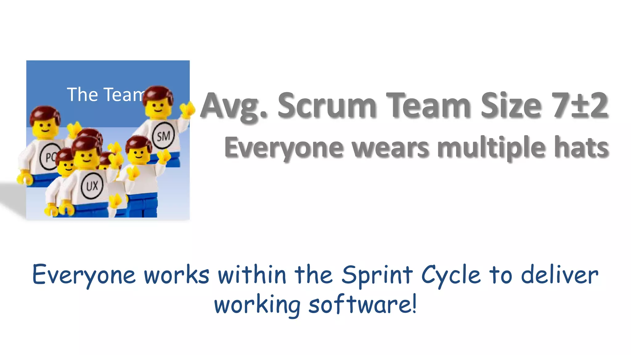 The Team
              Avg. Scrum Team Size 7±2
                Everyone wears multiple hats


Everyone works within the Sprint Cycle to deliver
              working software!
 