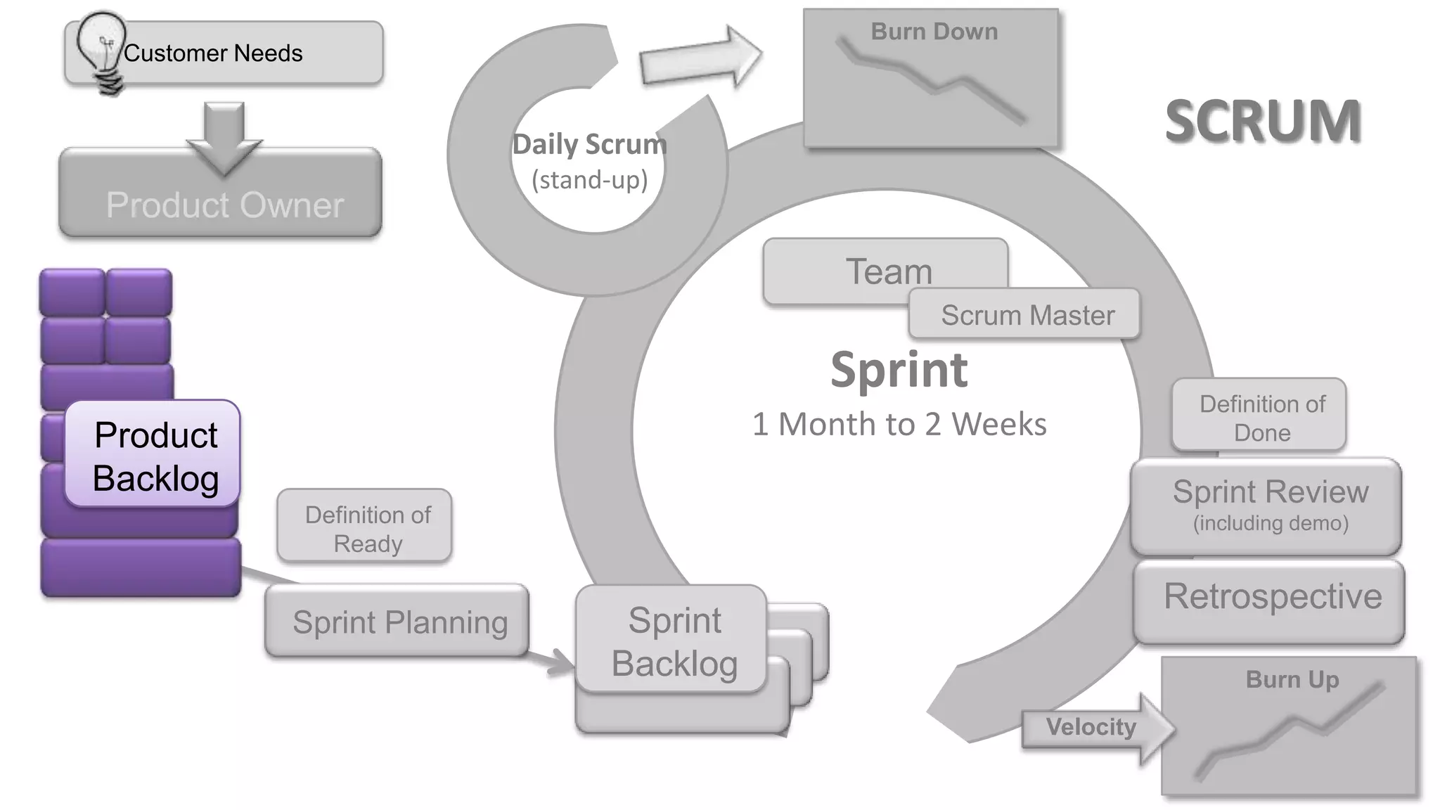 Burn Down
 Customer Needs


                                  Daily Scrum                                    SCRUM
                                   (stand-up)
Product Owner
                                                        Team
                                                               Scrum Master

                                                       Sprint                      Definition of
Product                                            1 Month to 2 Weeks                 Done

Backlog                                                                          Sprint Review
                  Definition of                                                   (including demo)
                    Ready

                                                                                 Retrospective
              Sprint Planning             Sprint
                                         Backlog                                       Burn Up
                                                                      Velocity
 