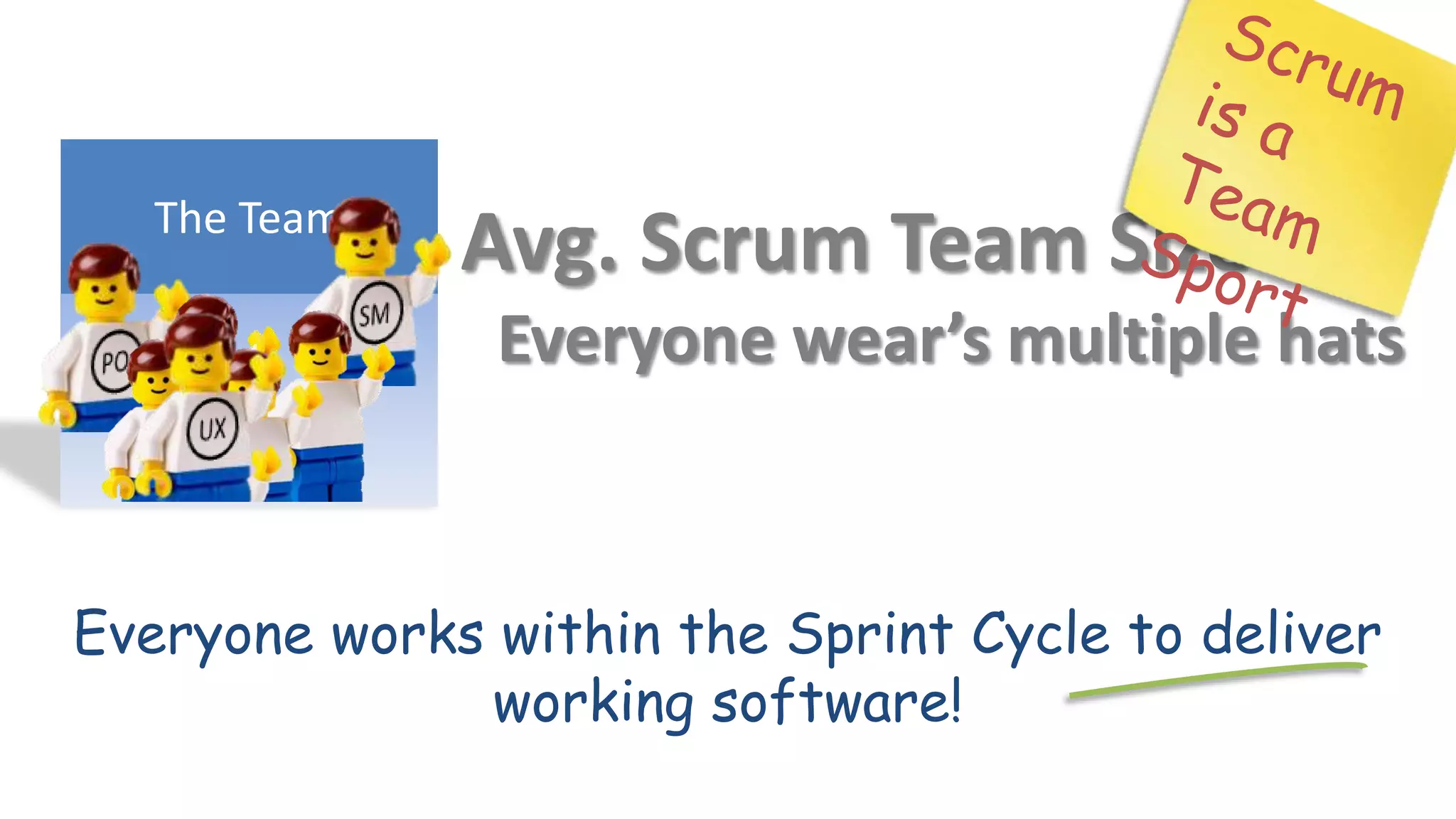 The Team
              Avg. Scrum Team Size 7±2
               Everyone wear’s multiple hats


Everyone works within the Sprint Cycle to deliver
              working software!
 