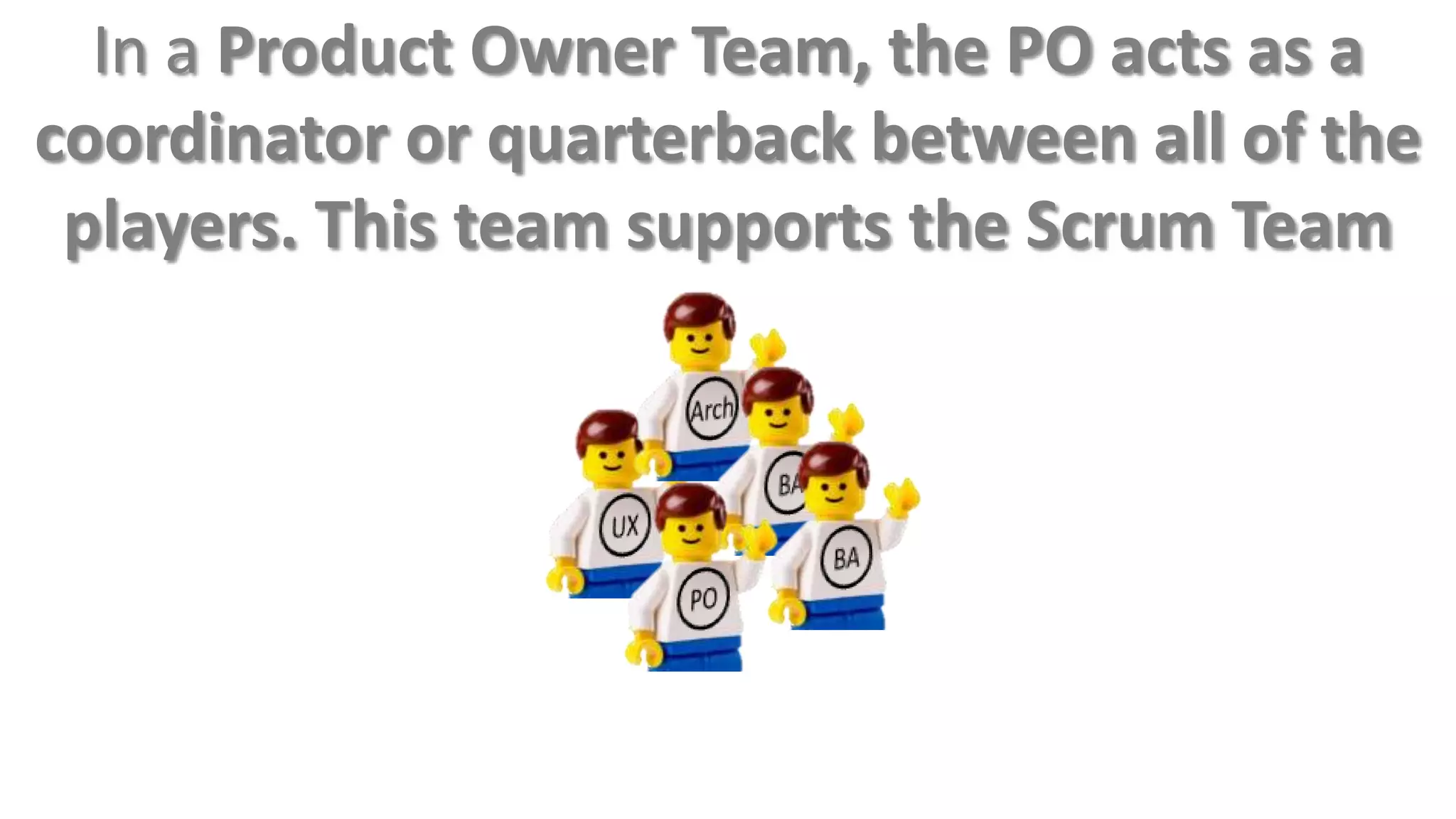 In a Product Owner Team, the PO acts as a
coordinator or quarterback between all of the
 players. This team supports the Scrum Team
 
