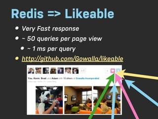 Redis => Likeable
• Very Fast response
• ~ 50 queries per page view
  • ~ 1 ms per query
• http://github.com/Gowalla/likeable
 