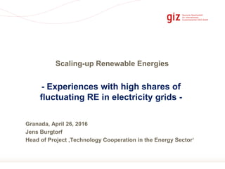 Seite 1
- Experiences with high shares of
fluctuating RE in electricity grids -
Granada, April 26, 2016
Jens Burgtorf
Head of Project ‚Technology Cooperation in the Energy Sector‘
Scaling-up Renewable Energies
 