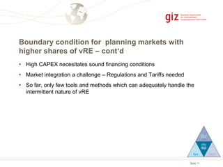 Seite 11
Boundary condition for planning markets with
higher shares of vRE – cont‘d
• High CAPEX necesitates sound financing conditions
• Market integration a challenge – Regulations and Tariffs needed
• So far, only few tools and methods which can adequately handle the
intermittent nature of vRE
 