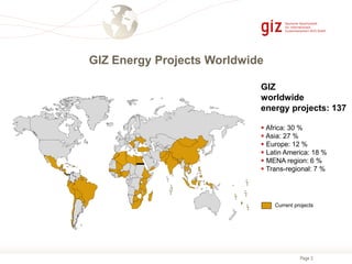 Page 3
GIZ Energy Projects Worldwide
GIZ
worldwide
energy projects: 137
 Africa: 30 %
 Asia: 27 %
 Europe: 12 %
 Latin America: 18 %
 MENA region: 6 %
 Trans-regional: 7 %
Current projects
 