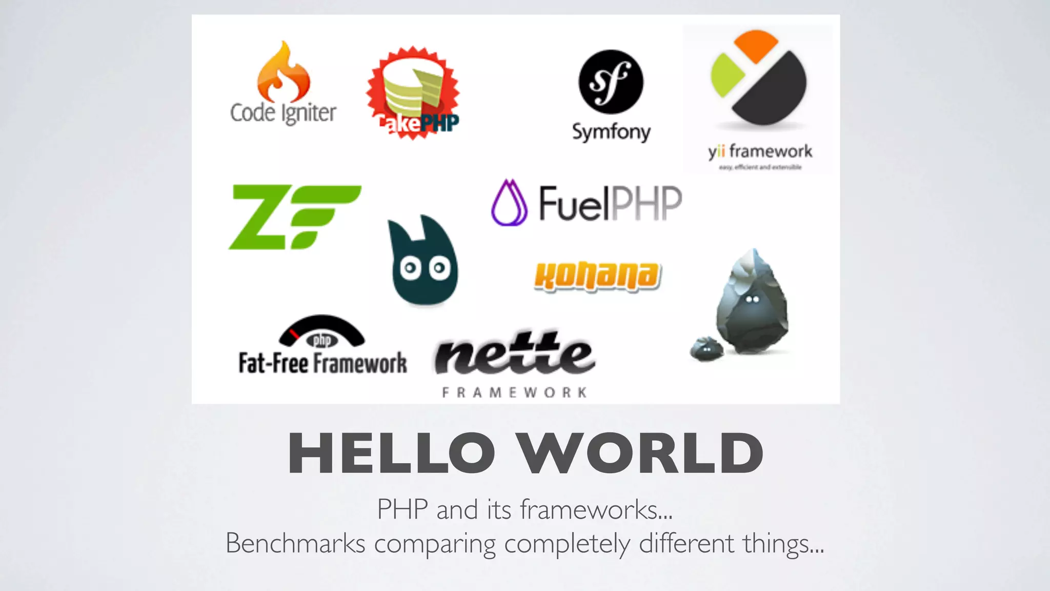 HELLO WORLD
PHP and its frameworks...
Benchmarks comparing completely different things...

 