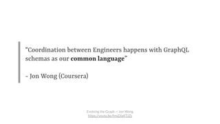 “Coordination between Engineers happens with GraphQL
schemas as our common language”
- Jon Wong (Coursera)
Evolving the Gr...