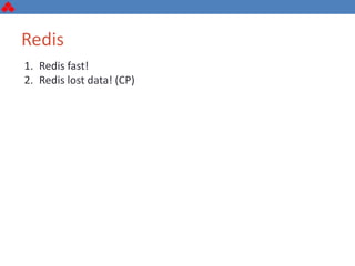 Redis
1. Redis fast!
2. Redis lost data! (CP)
 