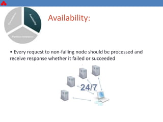 • Every request to non-failing node should be processed and
receive response whether it failed or succeeded
Availability:
 