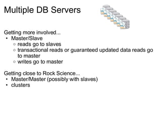 Multiple DB Servers Getting more involved... Master/Slave reads go to slaves transactional reads or guaranteed updated data reads go to master writes go to master Getting close to Rock Science... Master/Master (possibly with slaves) clusters 