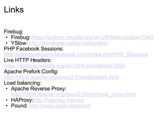 Links Firebug: Firebug:  https://addons.mozilla.org/en-US/firefox/addon/1843   YSlow:  http://developer.yahoo.com/yslow/   PHP Facebook Sessions:  http://wiki.developers.facebook.com/index.php/PHP_Sessions   Live HTTP Headers:  https://addons.mozilla.org/en-US/firefox/addon/3829   Apache Prefork Config:  http://httpd.apache.org/docs/2.0/mod/prefork.html   Load balancing: Apache Reverse Proxy:  http://httpd.apache.org/docs/2.2/mod/mod_proxy.html   HAProxy: http://haproxy.1wt.eu/   Pound:  http://www.apsis.ch/pound   