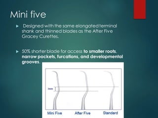 Mini five
 Designed with the same elongatedterminal
shank and thinned blades as the After Five
Gracey Curettes.
 50% shorter blade for access to smaller roots,
narrow pockets, furcations, and developmental
grooves.
 