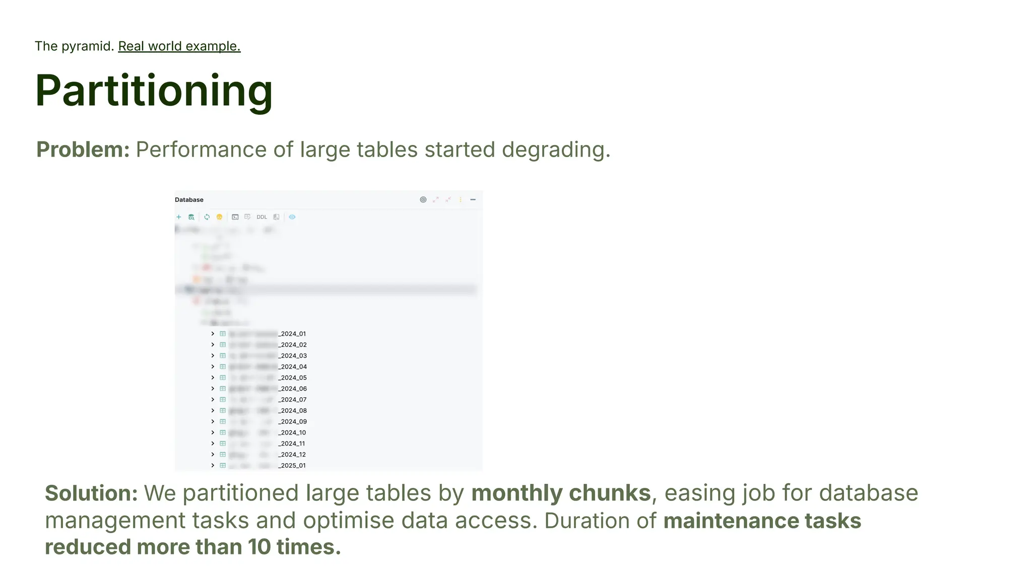 The pyramid. Real world example.
Partitioning
Problem: Performance of large tables started degrading.
Solution: We partitioned large tables by monthly chunks, easing job for database
management tasks and optimise data access. Duration of maintenance tasks
reduced more than 10 times.
 