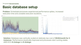 The pyramid. Real world example.
Basic database setup
Problem: Scheduled processes experienced performance spikes, increased
execution time and unstable execution durations.
Solution: Database was vertically scaled at relatively low cost of $540/month for 3
instances. Performance drastically improved and processes start running stable.
AWS EC2 r5.2xlarge to r5.4xlarge.
 