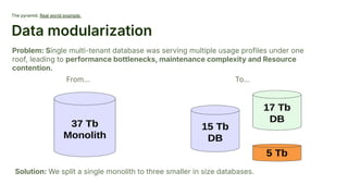 The pyramid. Real world example.
Data modularization
From… To…
Problem: Single multi-tenant database was serving multiple usage profiles under one
roof, leading to performance bottlenecks, maintenance complexity and Resource
contention.
Solution: We split a single monolith to three smaller in size databases.
 