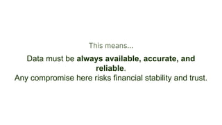 This means...
Data must be always available, accurate, and
reliable.
Any compromise here risks financial stability and trust.
 