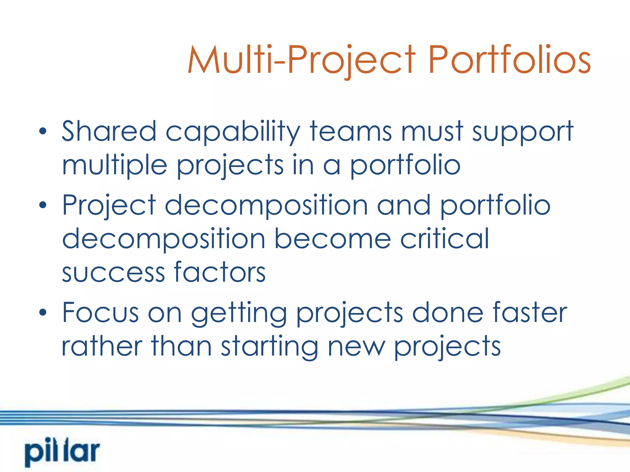 Multi-Project PortfoliosShared capability teams must support multiple projects in a portfolioProject decomposition and portfolio decomposition become critical success factorsFocus on getting projects done faster rather than starting new projects