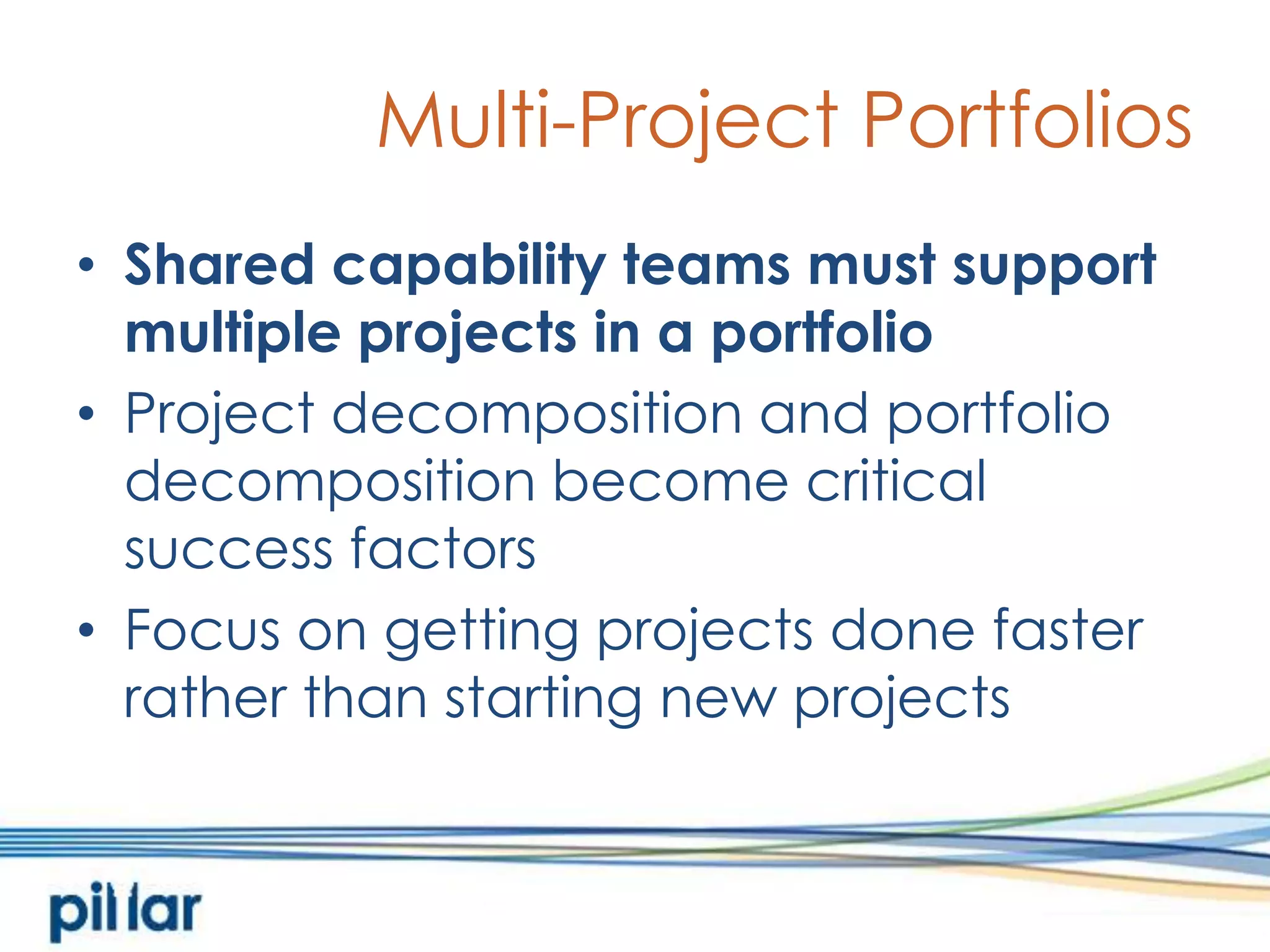 Multi-Project PortfoliosShared capability teams must support multiple projects in a portfolioProject decomposition and portfolio decomposition become critical success factorsFocus on getting projects done faster rather than starting new projects