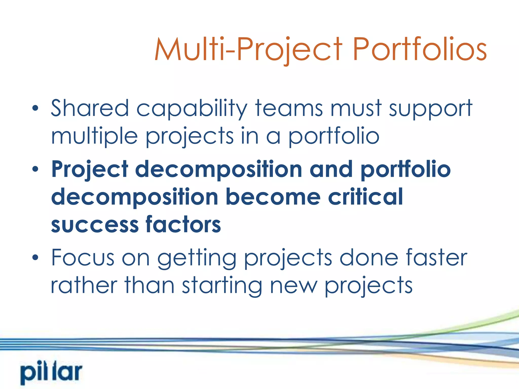 Multi-Project PortfoliosShared capability teams must support multiple projects in a portfolioProject decomposition and portfolio decomposition become critical success factorsFocus on getting projects done faster rather than starting new projects
