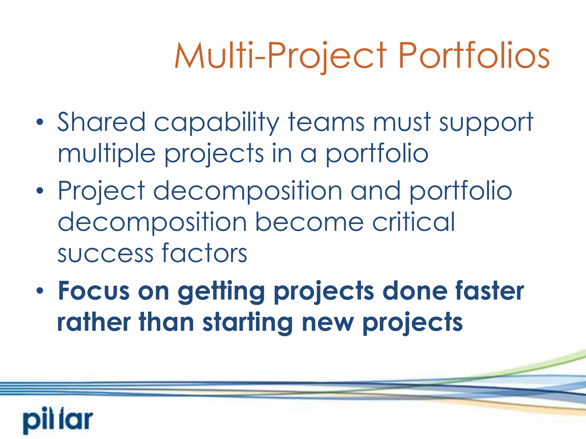 Multi-Project PortfoliosShared capability teams must support multiple projects in a portfolioProject decomposition and portfolio decomposition become critical success factorsFocus on getting projects done faster rather than starting new projects