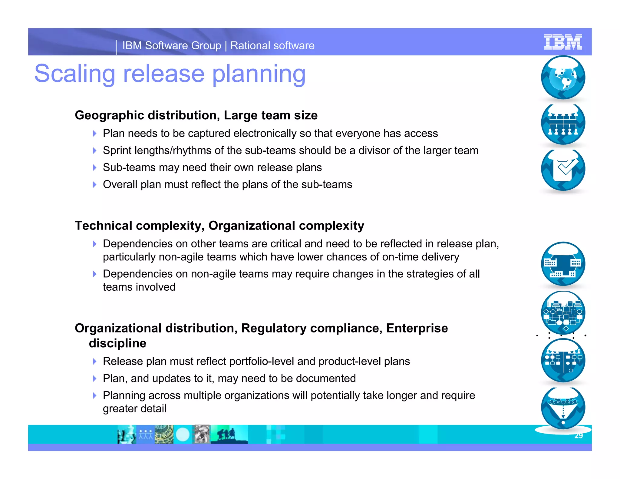 IBM Software Group | Rational software Scaling release planning Geographic distribution, Large team size Plan needs to be captured electronically so that everyone has access Sprint lengths/rhythms of the sub-teams should be a divisor of the larger team Sub-teams may need their own release plans Overall plan must reflect the plans of the sub-teams Technical complexity, Organizational complexity Dependencies on other teams are critical and need to be reflected in release plan, particularly non-agile teams which have lower chances of on-time delivery Dependencies on non-agile teams may require changes in the strategies of all teams involved Organizational distribution, Regulatory compliance, Enterprise discipline Release plan must reflect portfolio-level and product-level plans Plan, and updates to it, may need to be documented Planning across multiple organizations will potentially take longer and require greater detail 29 