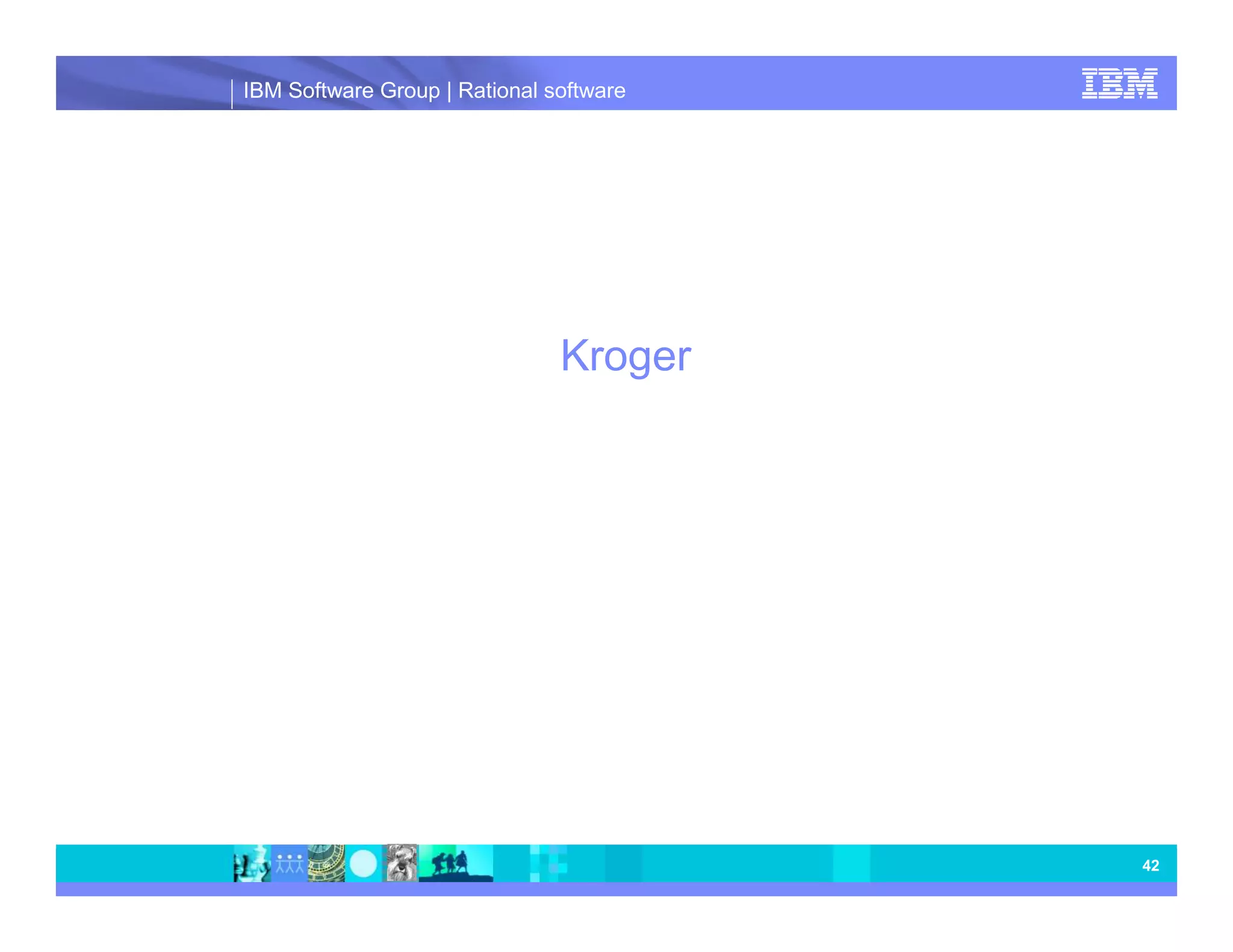 IBM Software Group | Rational software www.ibm/software/rational © Copyright IBM Corporation 2010. All rights reserved. The information contained in these materials is provided for informational purposes only, and is provided AS IS without warranty of any kind, express or implied. IBM shall not be responsible for any damages arising out of the use of, or otherwise related to, these materials. Nothing contained in these materials is intended to, nor shall have the effect of, creating any warranties or representations from IBM or its suppliers or licensors, or altering the terms and conditions of the applicable license agreement governing the use of IBM software. References in these materials to IBM products, programs, or services do not imply that they will be available in all countries in which IBM operates. Product release dates and/or capabilities referenced in these materials may change at any time at IBM’s sole discretion based on market opportunities or other factors, and are not intended to be a commitment to future product or feature availability in any way. IBM, the IBM logo, Rational, the Rational logo, Telelogic, the Telelogic logo, and other IBM products and services are trademarks of the International Business Machines Corporation, in the United States, other countries or both. Other company, product, or service names may be trademarks or service marks of others. 42 