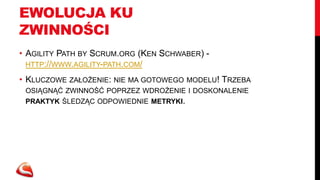 ZESTAWIENIE 
HIERARCHIA 
• MONOLITYCZNY PRODUKT 
(DUŻO ZALEŻNOŚCI) 
• DE FACTO OGRANICZONE 
MOŻLIWOŚCI PO PRZY TEAMACH 
• ZWYKLE TRUDNOŚĆ W 
CZĘSTYM WYDAWANIU PRODUKTU 
(TRUDNIEJSZE TESTOWANIE, 
TWORZENIE PRZYROSTÓW) 
• DLA WIELU ORGANIZACJI TO 
NIESTETY JEDYNA MOŻLIWOŚĆ 
AUTONOMIA 
• MODULARNA ARCHITEKTURA 
PRODUKTU 
• ZESPOŁY ODPOWIEDZIALNE ZA 
OBSZARY FUNKCJONALNE, NIE 
KOMPONENTY TECHNOLOGICZNE 
• POS WYSTARCZĄ OGÓLNE 
UZGODNIENIA CO DO KIERUNKU ROZWOJU 
• MODUŁY WYDAWANE NIEZALEŻNIE 
• WYMAGA NIE TYLKO ODPOWIEDNIEJ 
ARCHITEKTURY PRODUKTU ALE I 
ORGANIZACJI. 
 