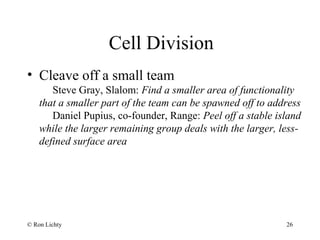 Cell Division
• Cleave off a small team
Steve Gray, Slalom: Find a smaller area of functionality
that a smaller part of the team can be spawned off to address
Daniel Pupius, co-founder, Range: Peel off a stable island
while the larger remaining group deals with the larger, less-
defined surface area
© Ron Lichty 26
 
