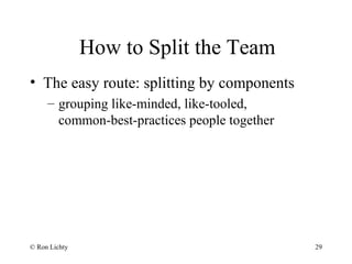 How to Split the Team
• The easy route: splitting by components
– grouping like-minded, like-tooled,
common-best-practices people together
© Ron Lichty 29
 