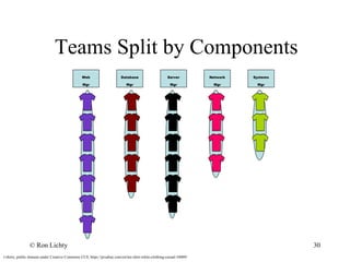 Teams Split by Components
Web
Mgr
Database
Mgr
Server
Mgr
Network
Mgr
Systems
Mgr
t-shirts, public domain under Creative Commons CC0, https://pixabay.com/en/tee-shirt-white-clothing-casual-34009/
© Ron Lichty 30
 